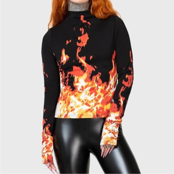 Killstar Tops - Killstar Carrie Official Long Sleeve Mock Turtleneck Flame Top XS